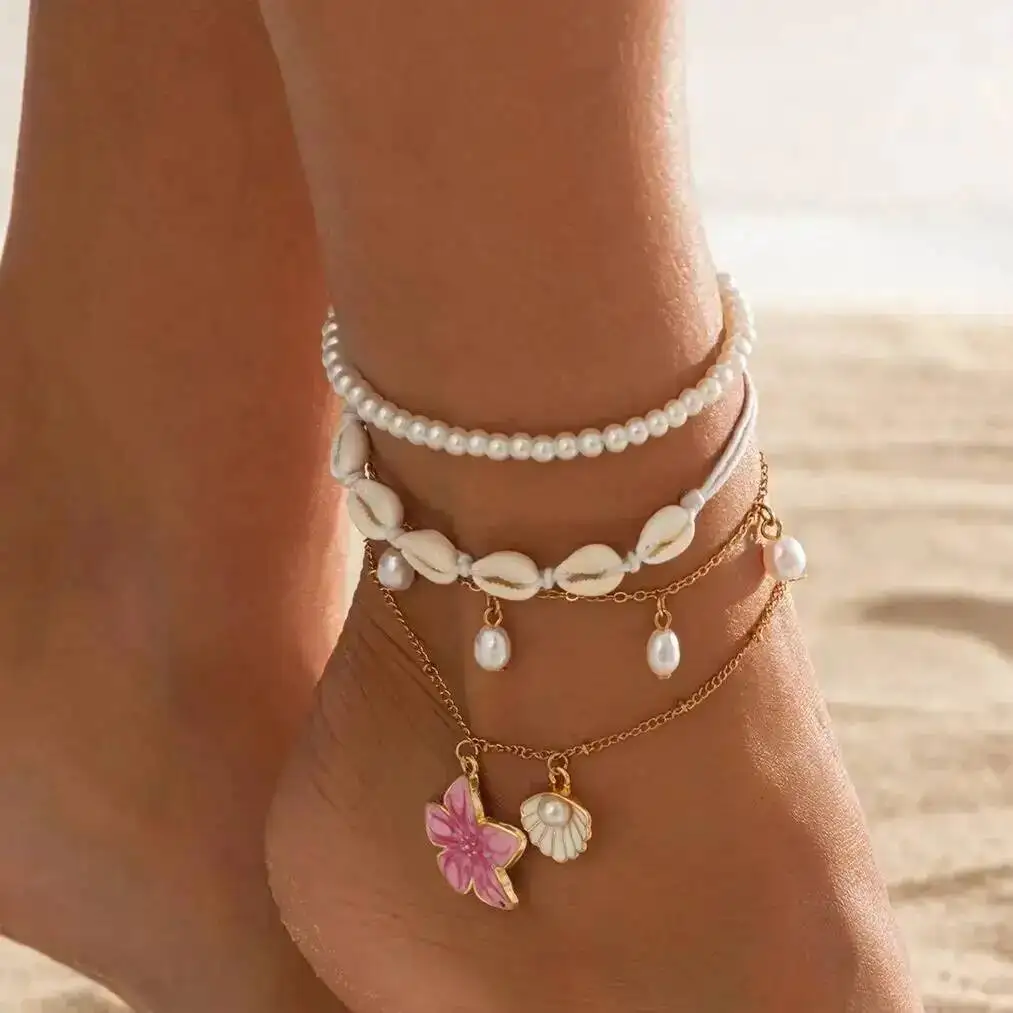 

SHIXIN 4Pcs/set Boho Flower Scallop Pendant Anklet Foot Chain Women Charm Imitation Pearl Ankle Beach Vintage Foot Jewelry Gift
