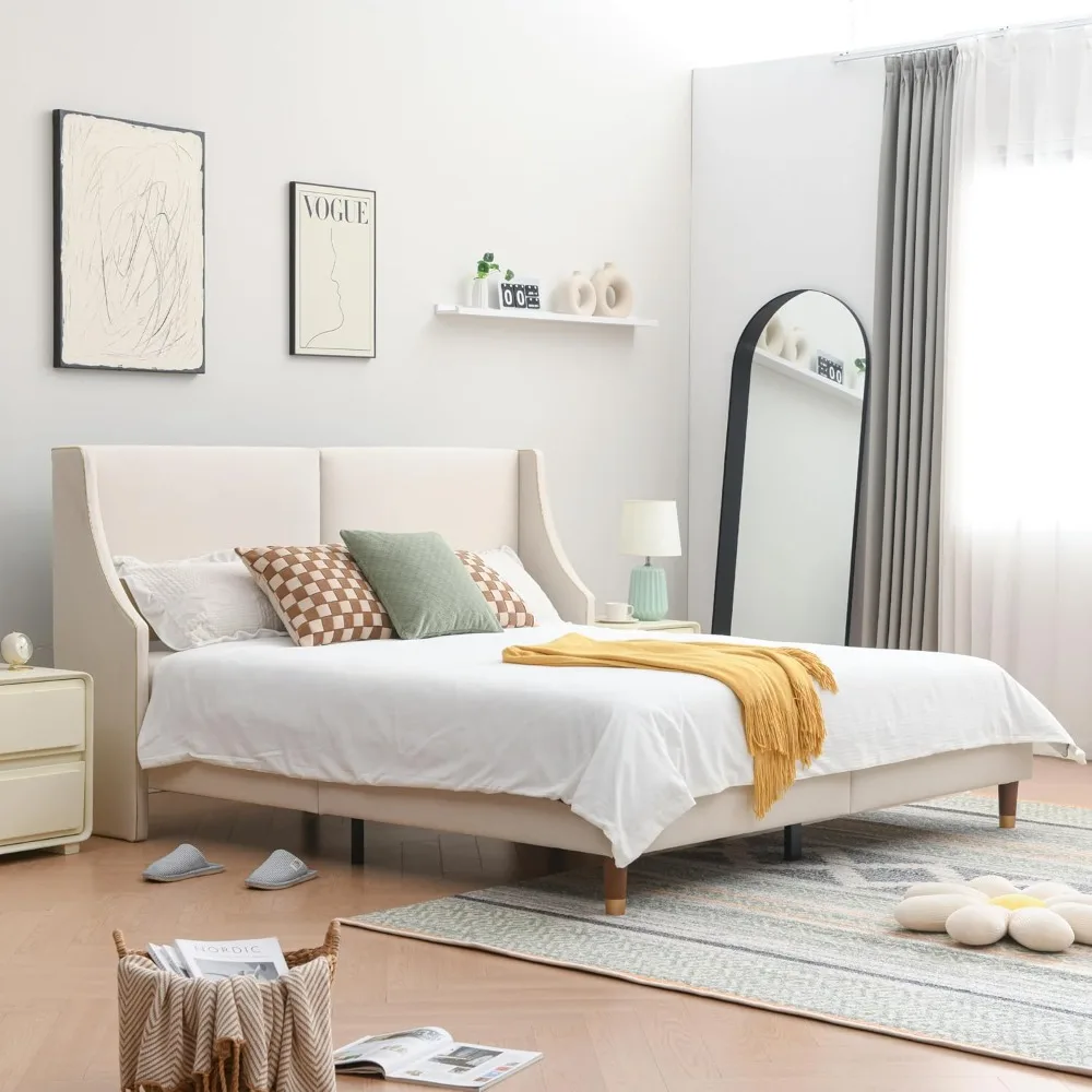 

King Size Upholstered Platform Bed Frame with Wingback Headboard, Linen Fabric & Wooden Slats Support, Modern Golden