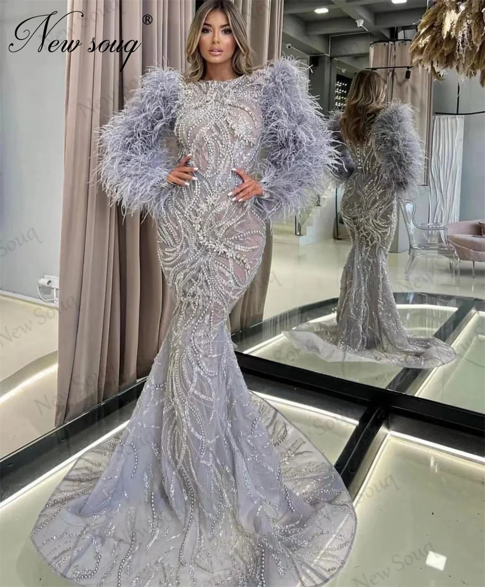 Gorgeous Feathers Long Sleeves Evening Dresses Arabic Dubai Mermaid Prom Dress Detachable Skirt Robes Birthday Beaded Party Gown