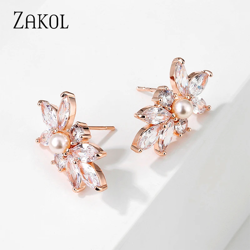 ZAKOL Fashion Simple Copper Alloy AAA Cubic Zirconia Stud Earrings for Women Cute Pearl Leaf CZ Wedding Earring Jewelry EP3156