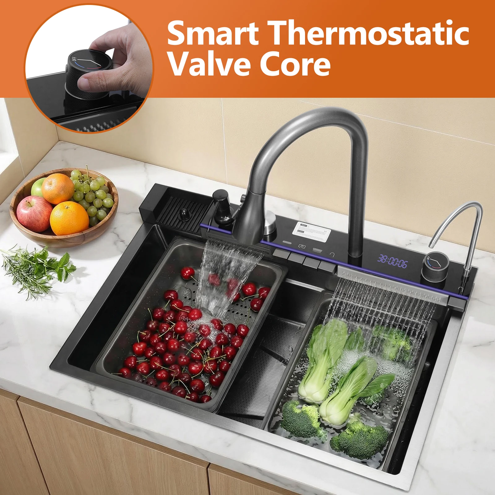 

Countertop Smart Kitchen Sink Digital Display Flying Rain Waterfall Sink with Pull-Out Swivel Faucet With Pressurized Cup Washer