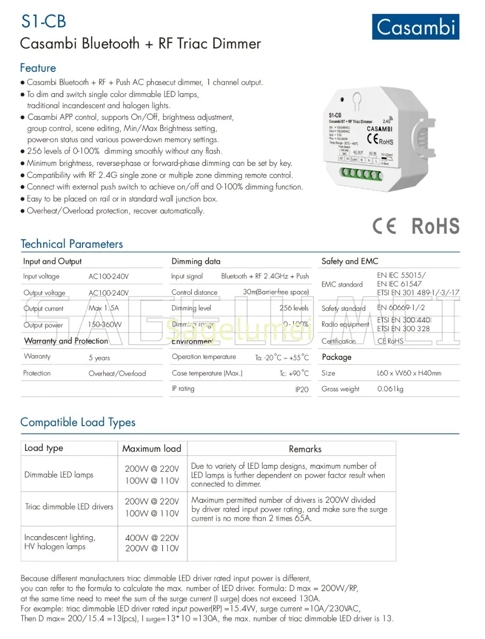 Bluetooth + RF Triac Dimmer S1-CB Casambi 1 channel 100-240VAC 1CH*1.5Adim and switch single color dimmer LED lamps SKYDANCE NEW