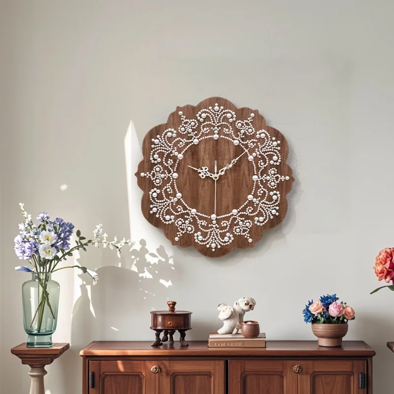 HYS living room clock hanging painting antique feeling new dining room wall clock pearl desktop pendulum silent clock