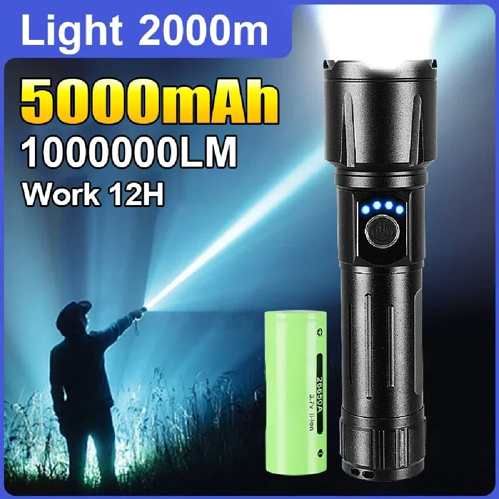 

1000000LM Alloy High Power LED Flashlight 5000mAh Ultra Powerful Rechargeable Big Capacity Army Tactical Torch Outdoor Lantern