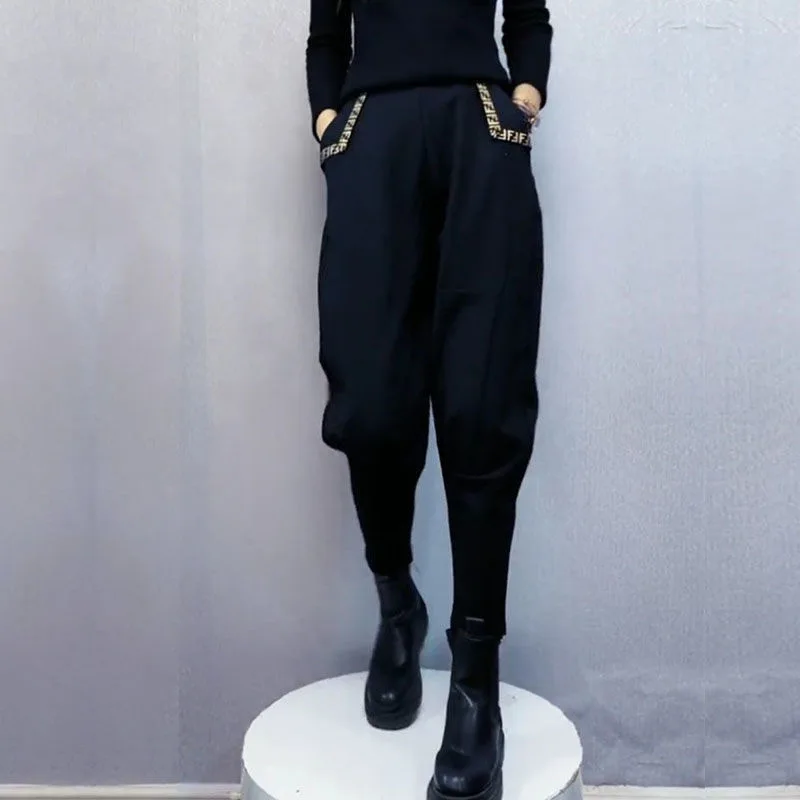 سراويل هارلان نسائية عالية الخصر مبطنة بالصوف فضفاضة غير رسمية متعددة الاستخدامات على الطراز الكوري سراويل فانوس ملابس عمل سر...