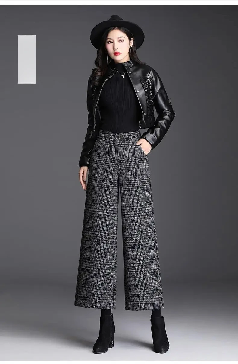 Autumn Winter Office Lady Simplicity Plaid Loose Elastic Waist Wide Leg Pants Women Clothing All-match Pocket Ankle-length Pants