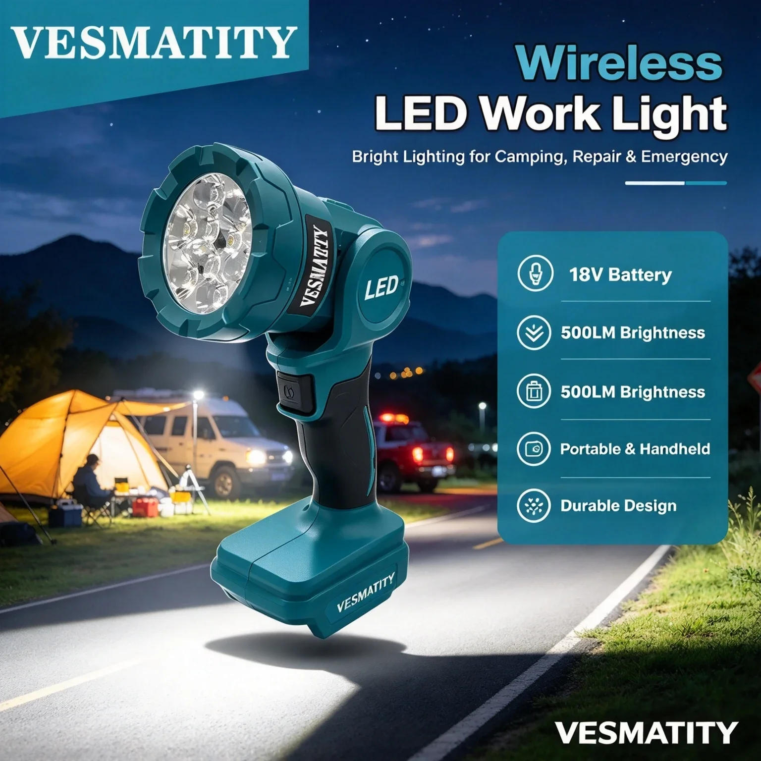 Vesmatity Flashlight LED Work Light 18V Cordless Rechargeable Power Tool Indoor Outdoors Night Searchlight Lamp 18V Battery Set