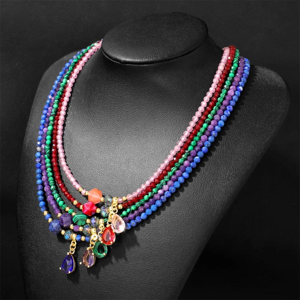 Women Malachite Beaded Choker Necklace 3mm Natural lapis lazuli Quartz Beads Necklaces Adjustable Chain Lady Jewelry Gift