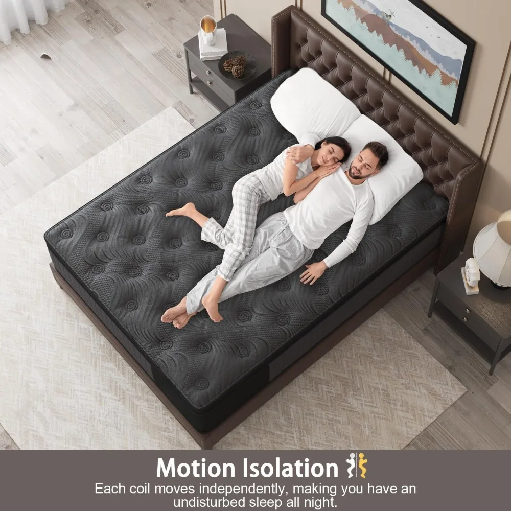 Colchão, colchões híbridos de 14 polegadas preto com espuma viscoelástica em gel e molinete interno de bolso individualmente Euro Top médio firme