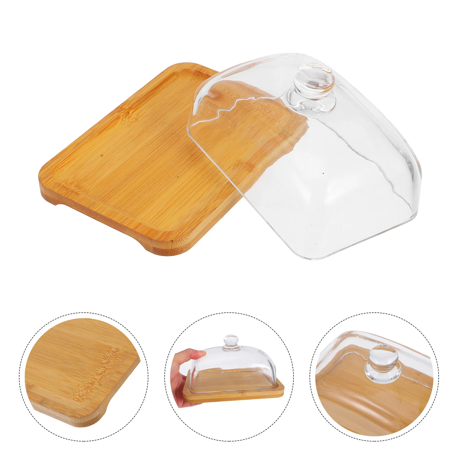 Rectangular Wooden Butter Dish Glass Lid Cheese Dome Cupcake Plate Mini Cake Stand With Dome Kitchen Dinnerware Set Clear Tray