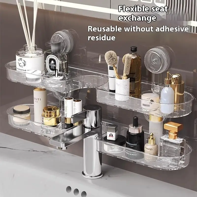 Ripple Suction Cup Storage Rack Bathroom Wall Mounted No Drill Organizer for Toilet Vanity Counter Corner Supplies