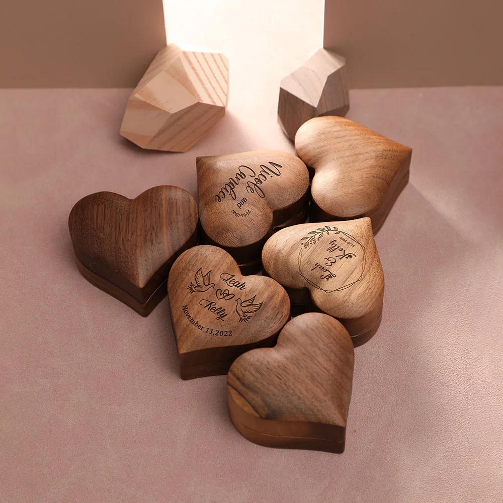 

Personalized Heart Shaped Wooden Wedding Ring Bearer Box Custom Name Engagement Ring Jewelry Box Rustic Wedding Gifts