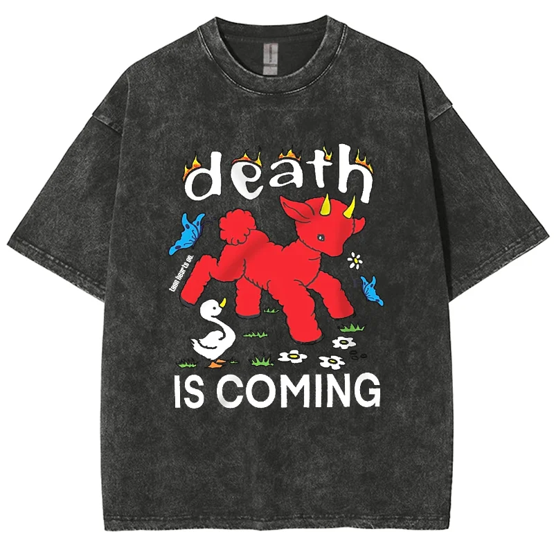 Y2K Washed T Shirt For Men, Hip Hop Death Is Coming Graphic Print Oversized Tshirt For Unisex ,Harajuku Short Sleeved Streetwear