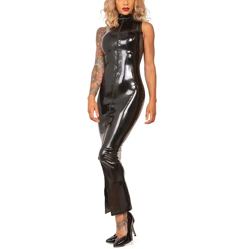 Frauen Sexy Tank Leder Maxi Kleid Sommer Dünne Front Full Zip Patent Leder Bodycon Kleider PVC Kleidung Faux Latex Club benutzerdefinierte