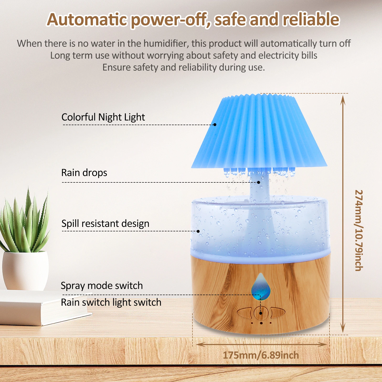 Cloud Humidifier with 7 Colors LED Light 260ml Rain Humidifier Low Noise Air Humidifier Auto Shut Off Raindrop Humidifier Safe