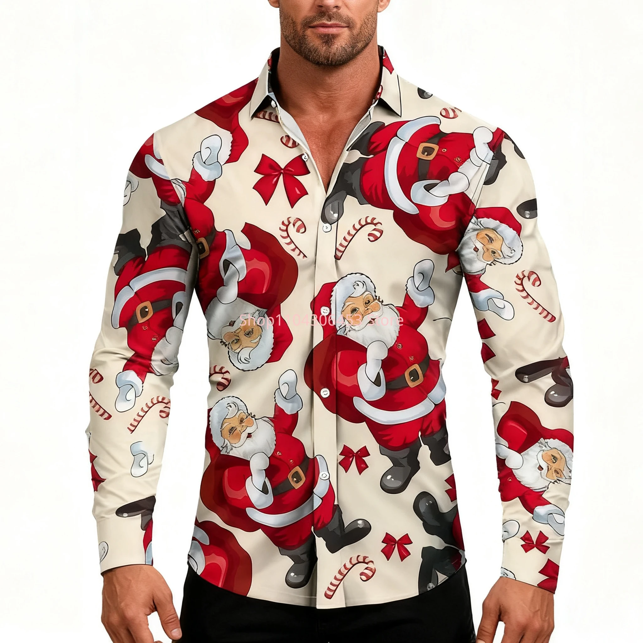 New Style Men's Christmas Themed Shirt 3D Print Santa Men's Casual Festive Long-sleeved Shirt Outdoor New Year Clothing Top