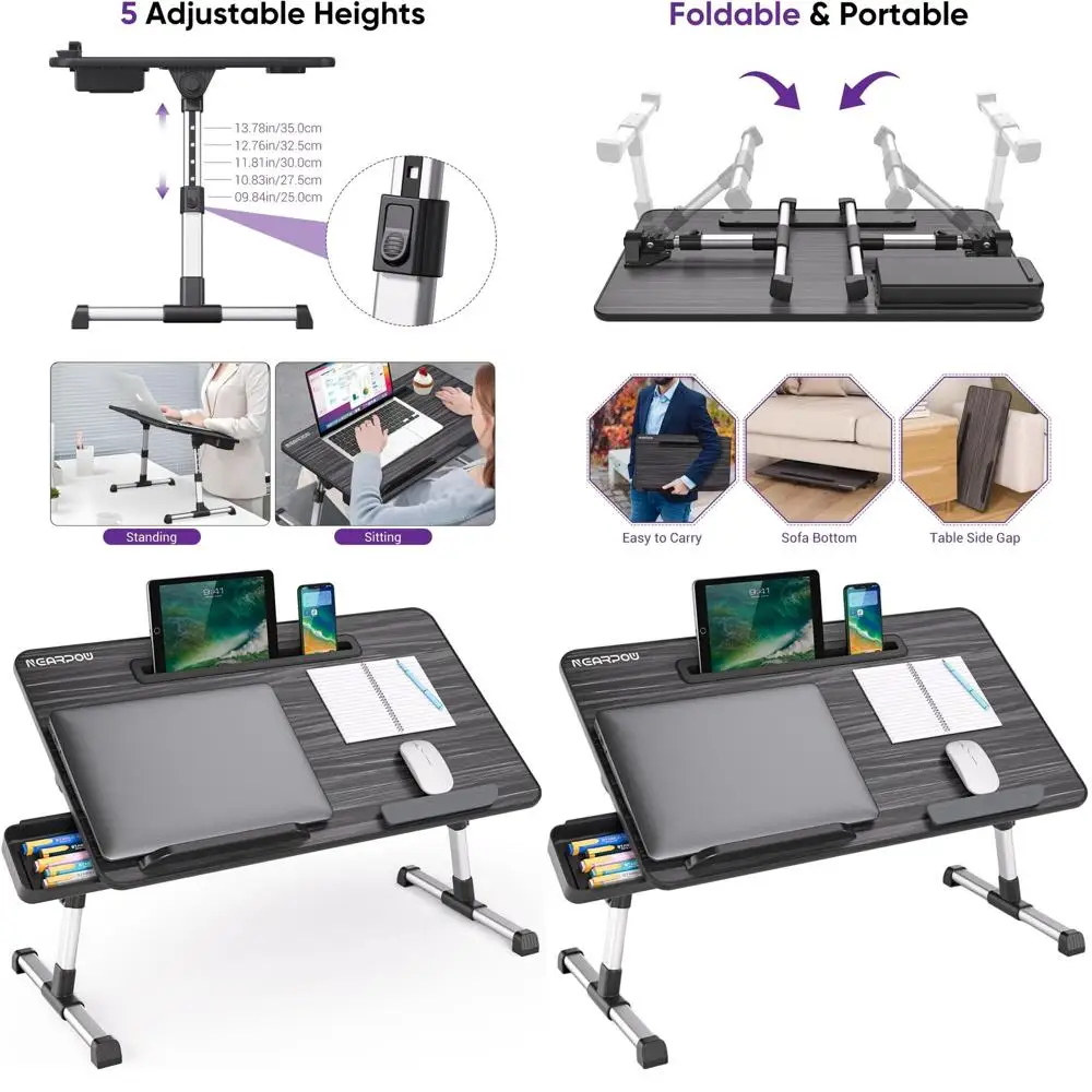 

Adjustable Height & Angle Portable Laptop Desk with Tablet Stand and Drawer for Bed, Sofa, and Floor Use