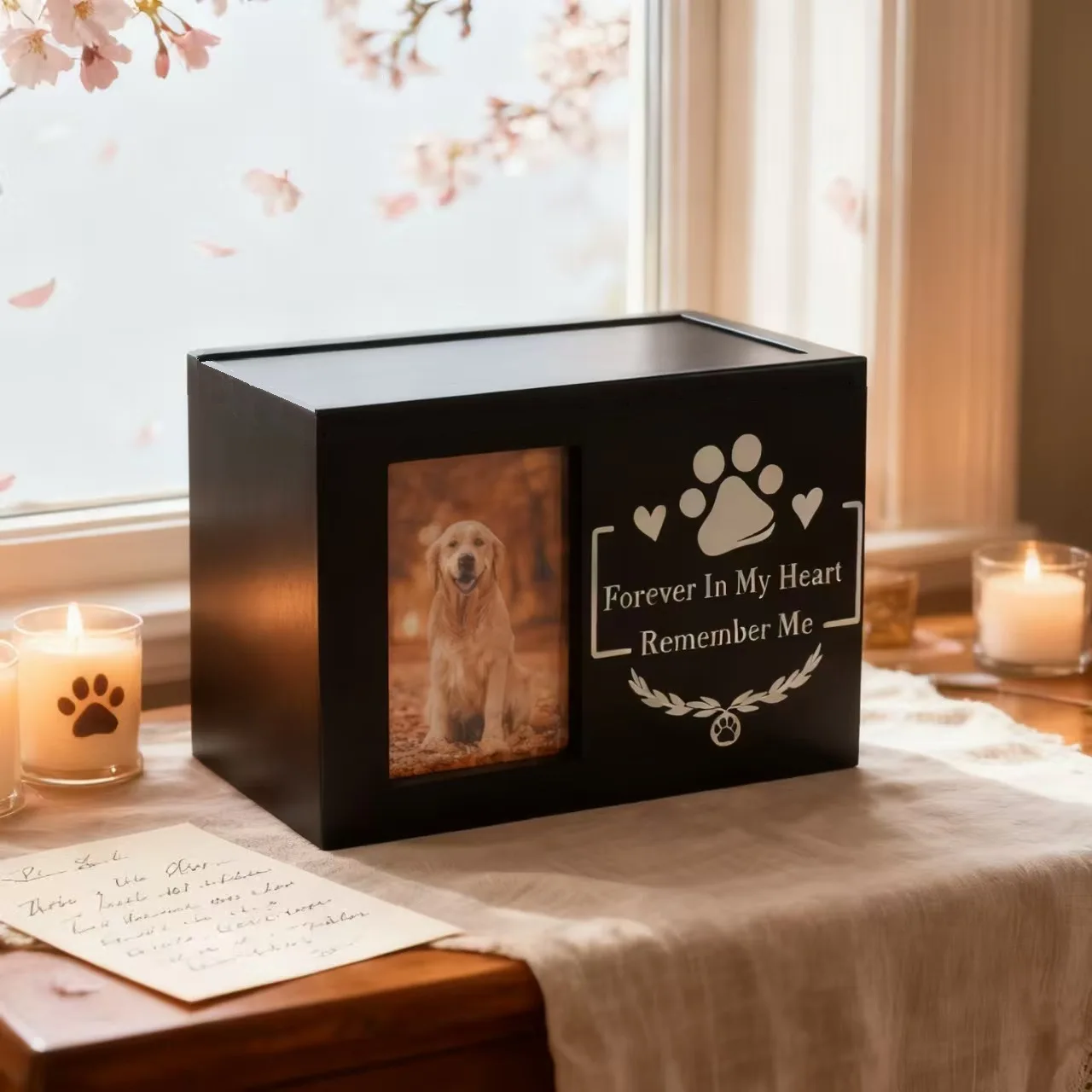 Wooden Pet Urn with Photo Frame, Pet Funeral Memorial Box for Dog Cat Hamster, Keepsake Casket for Pet Ashes Sweet Remembrance