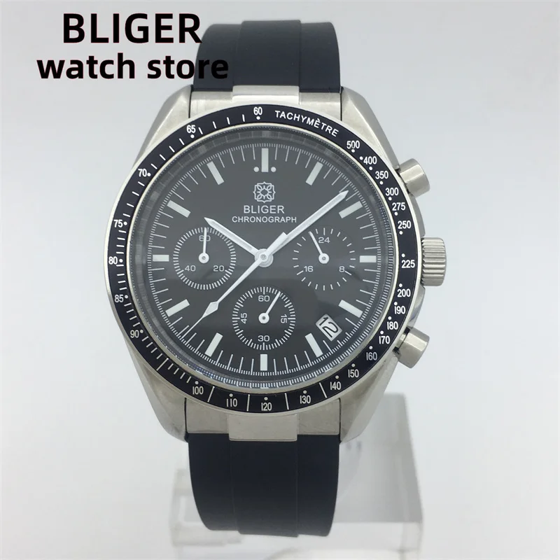 40mm Bliger Black Dial Stainless Steel Case Day Week Indicator Multifunction Automatic Mens Watch Scratch Proof Mineral Glass