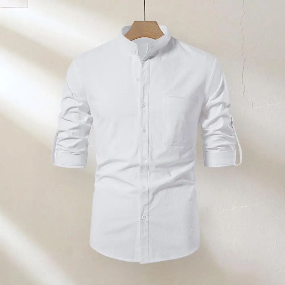 Button-up Shirt Stylish Men's Slim Fit Long Sleeve Shirt with Stand Collar Soft Breathable Fabric Chest Pocket Casual for Spring