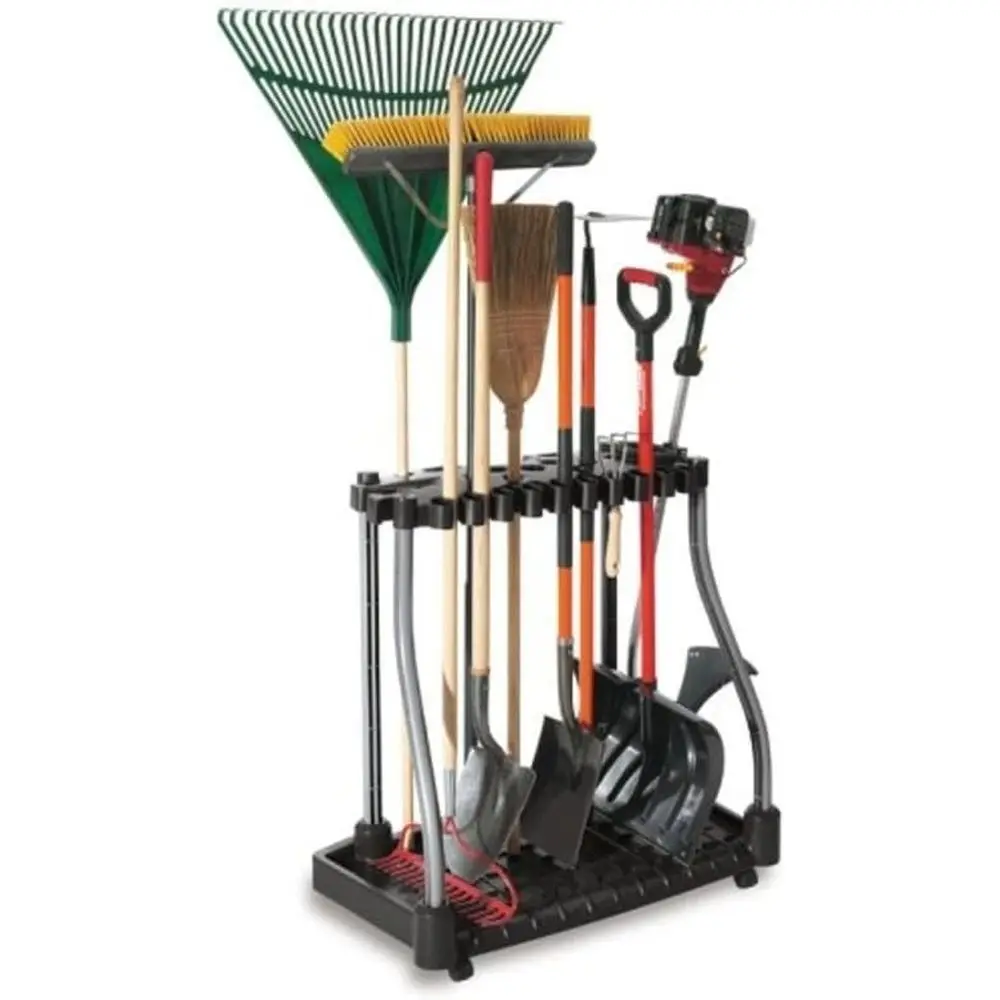 

Portable Wheeled Tool Rack Organizer for Long-Handled Tools, Rakes, Brooms, and Shovels in Home, Outdoor, or Shed - Black