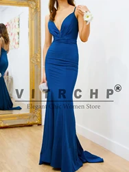 VITRCHP Sexy Backless Mermaids Stretch Satin Evening Night Party Dress V Neck Ruched Bridesmaid Dresses Vestido