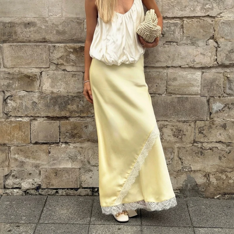 Tsiisd Women Satin Maxi Skirt Lace High Waist Elegant Sexy Beach Vacation Party Evening Flowy Women's Clothing Lace Long Skirts