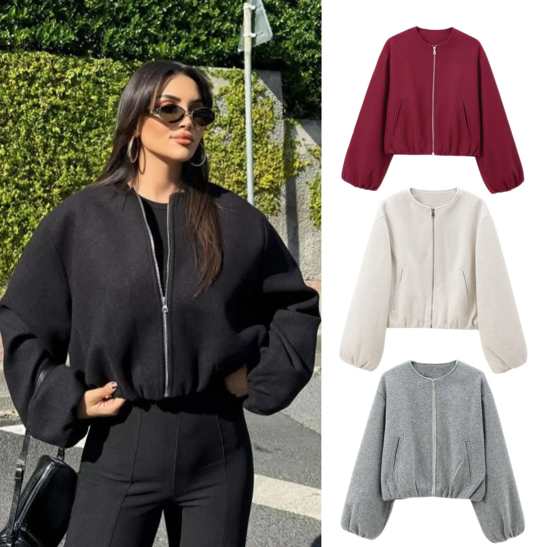 

European and American Women's Clothing Autumn and Winter New Round Neck Bomber Jacket