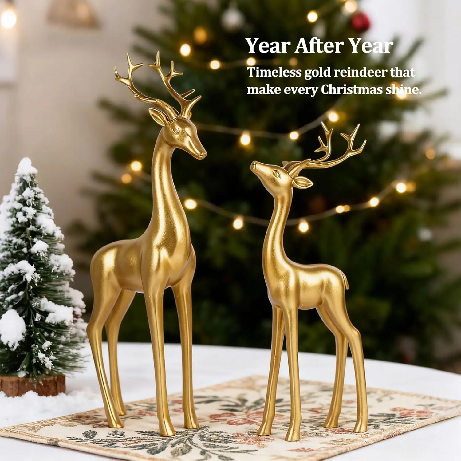 Figuras grandes de renos dorados, estatuas de ciervos de resina de 13" de alto para decoración navideña, adornos para el hogar de mesa o estante