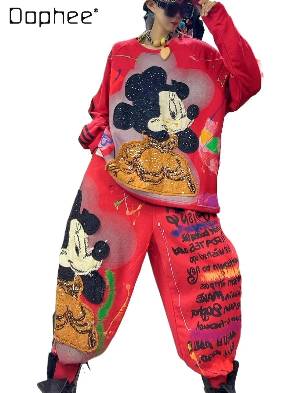 

2026 Spring New European Women's Clothing Hand-painted Graffiti Printing Personalized Loose Sweatshirts Casual Suit