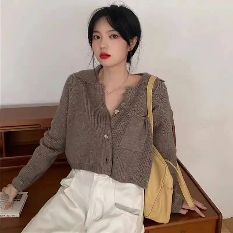 

Korean Chic Cropped Sweater Cardigans Woman Comfortable Soft Retro Lapel Knitted Cardigan Female Autumn Winter New Sweaters