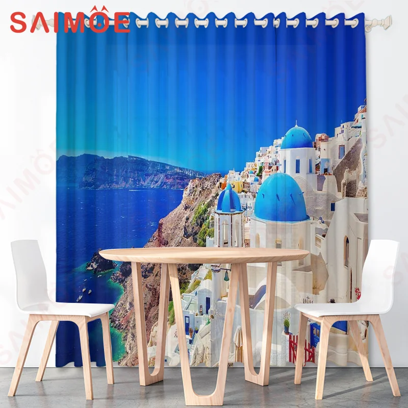 

3D French Vintage Romantic Sea View Castle Street Curtains Sunset Buildings Bridge Thin Polyester Fabric Office Home Decorations