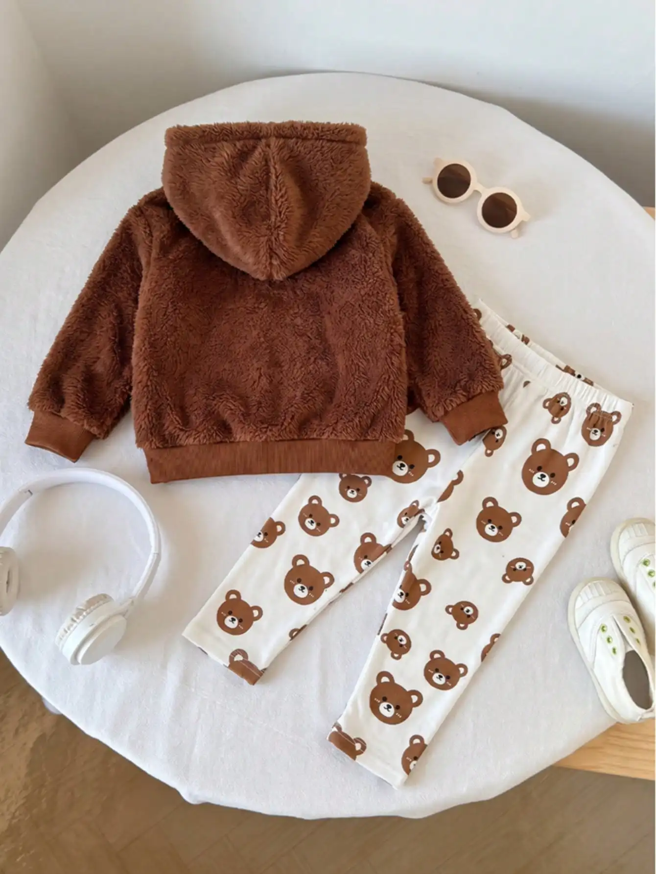 Baby Kids Warm Fluffy Bear Hoodie With Bear Pattern Leggings Suit