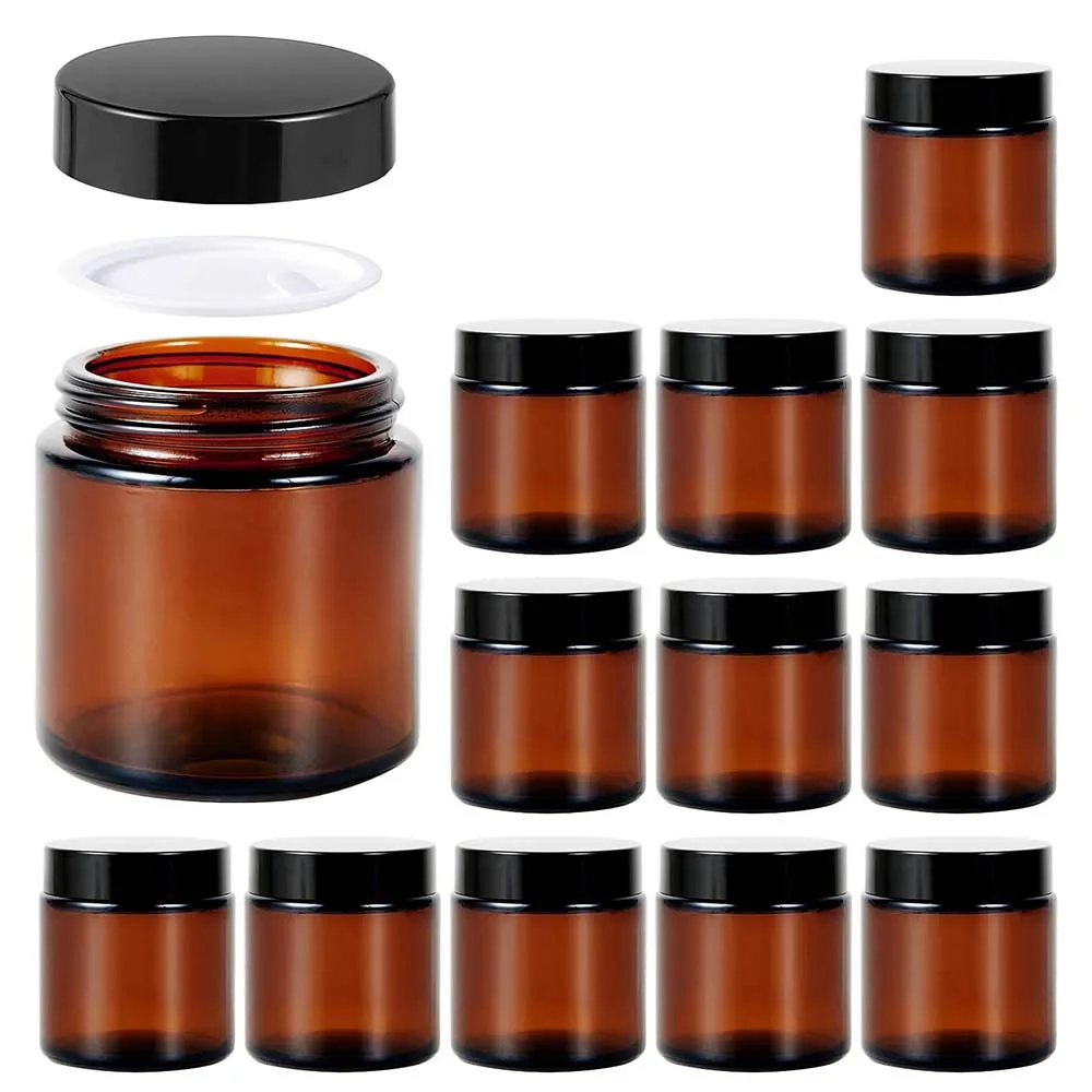 4oz Amber Empty Cosmetic Containers Round Airtight Glass Jar with Inner Liners black Lids for Storing Lotions,Powders,Ointments