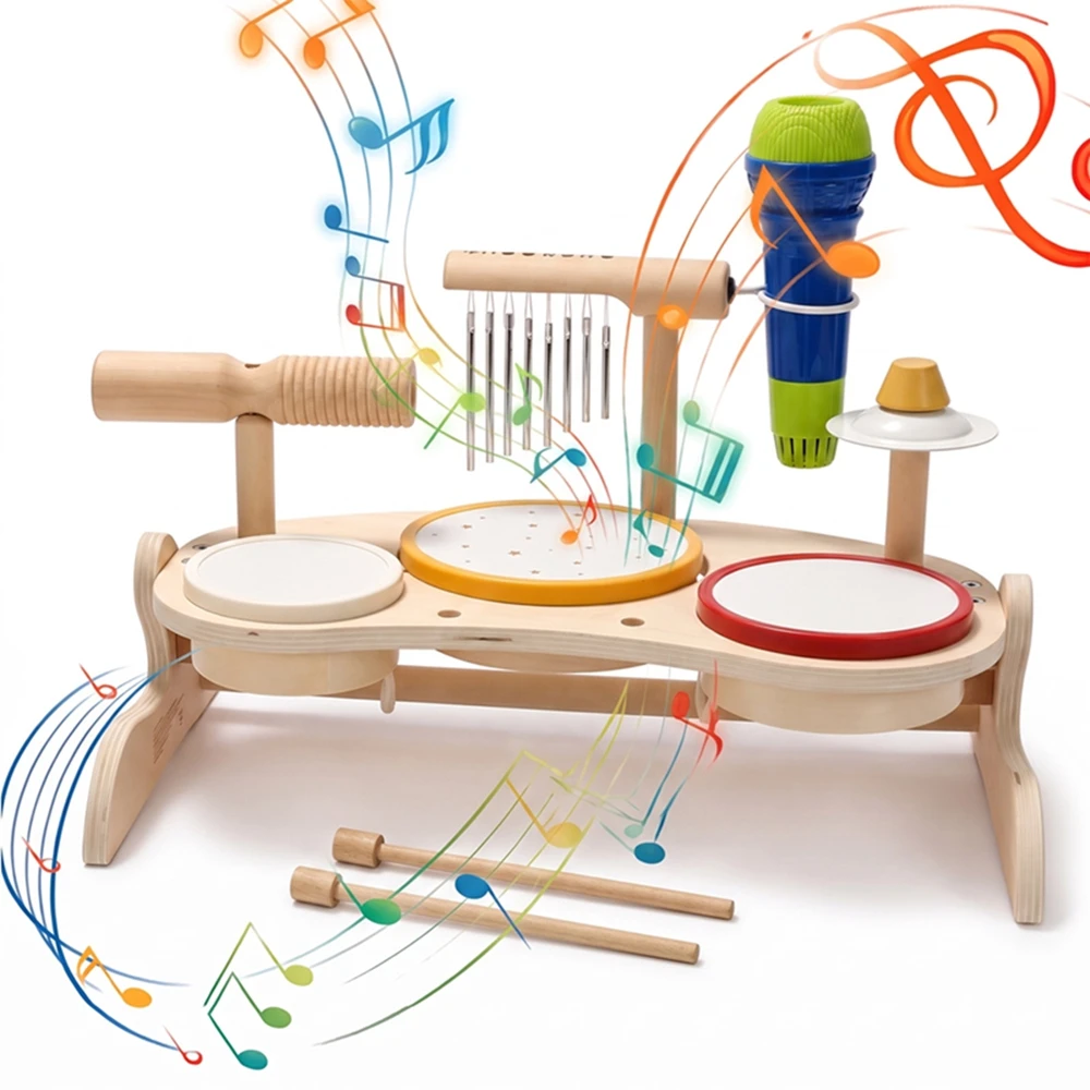 Kids Wooden Drum Set Musical Toy Montessori Educational Percussion Instrument Xylophone Music Table Toys Newborn Birthday Gifts