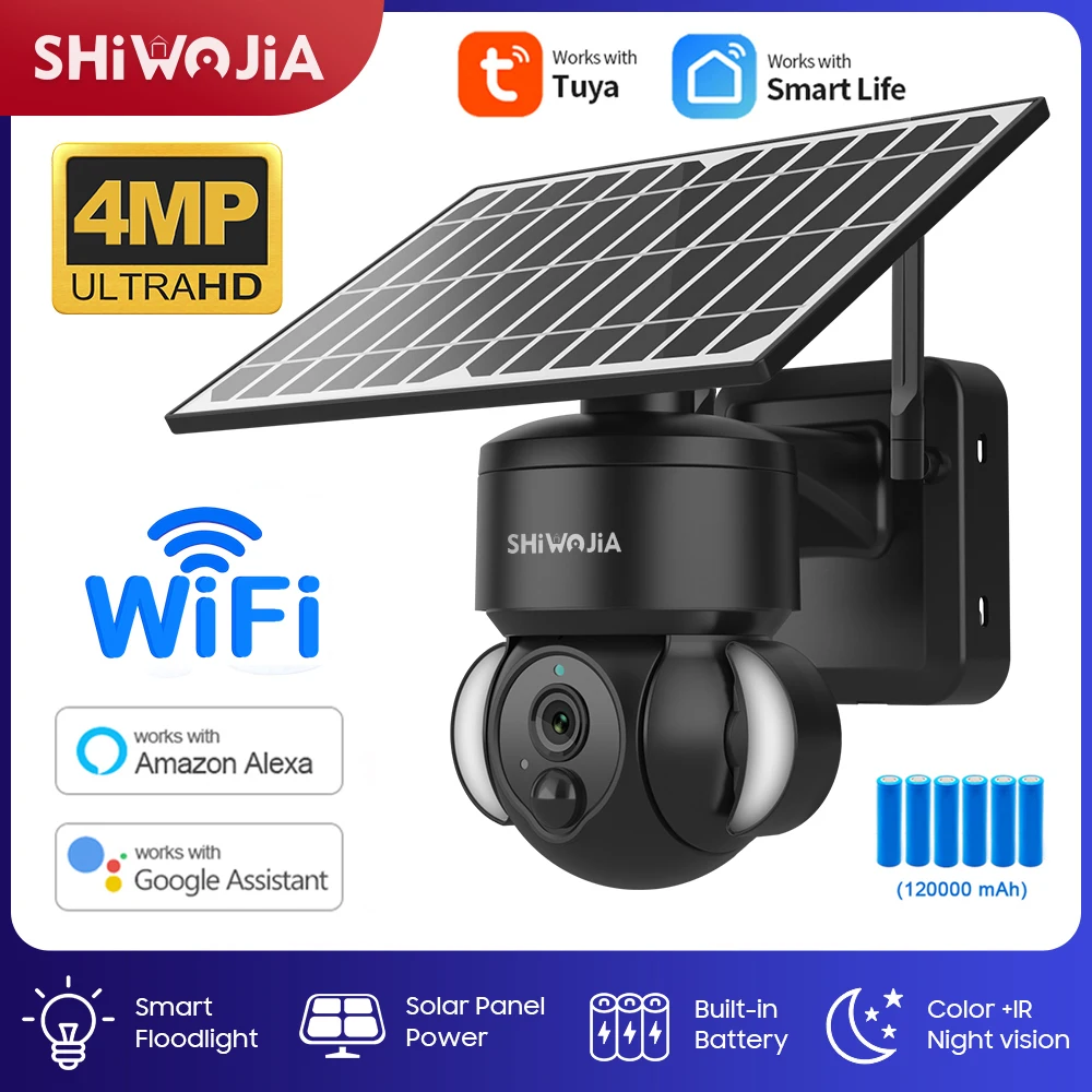 

Shiвоенia 4MP WIFI Солнечная камера TUYA Smart Outdoor 360 ° беспроводная Wi-Fi батарея камеры безопасности с солнечной панелью пик ночного видения