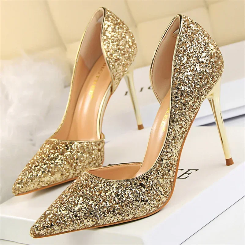 Plus Size 34-43 Women 9.5cm High Heels Stripper  Bling Glod Red Silver Scarpins Pumps Lady Stiletto Wedding Bridal Fetish Shoes