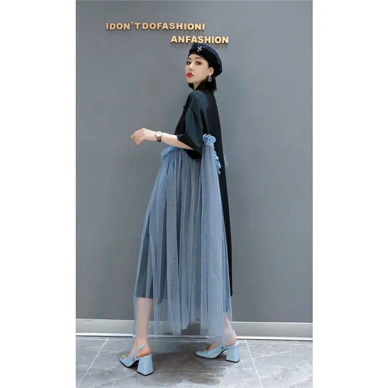 Robe chemise longue d'été pour femmes, grande taille, nouvelle mode, ample, décontractée, boutons, gaze, jonction ensemble, jupe noire, un mot, 2025