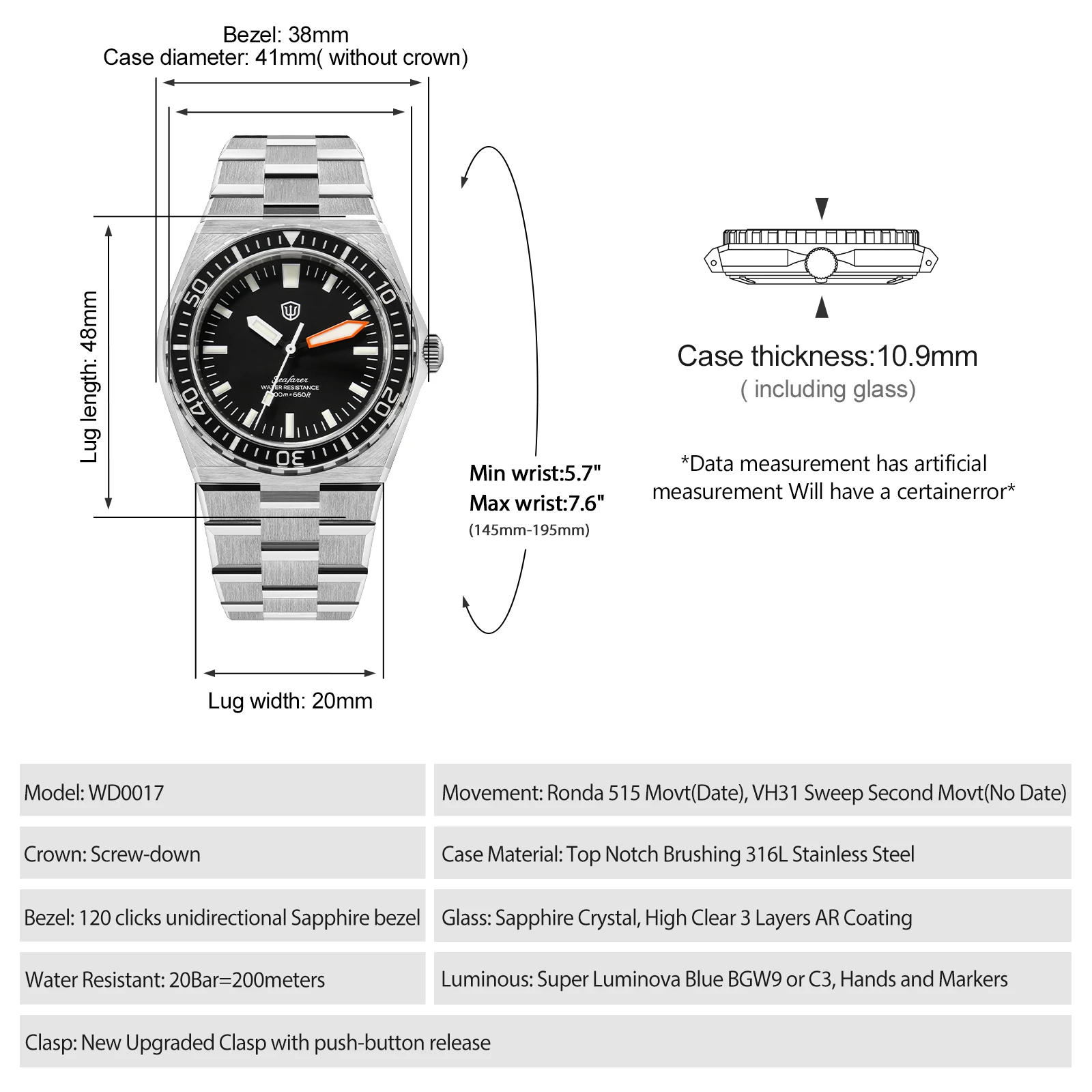 Watchdives WD0017 41mm Quartz Dive Watch  Sapphire Crystal 200M Waterproof Ronda 515/VH31 Sweep Second BGW9 Lume Stainless Steel