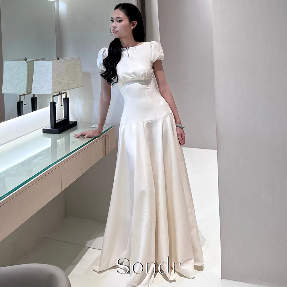 Sondr Slim Fit Korean Evening Dress Boat Neck Short Sleeves Floor-Length Gown Photography Back Bow Women Formal Dress Customized