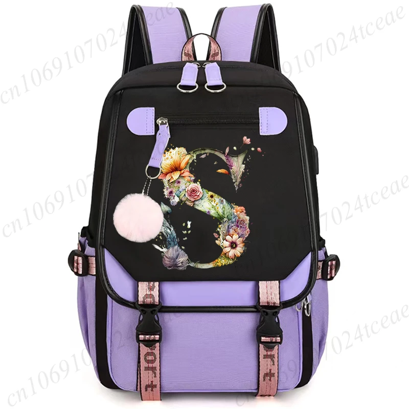 26 Alphabet Flower Women Schoolbag Waterproof Large Capacity School Backpack Zipper Teens Girl Casual Daypack Bag Student NEW