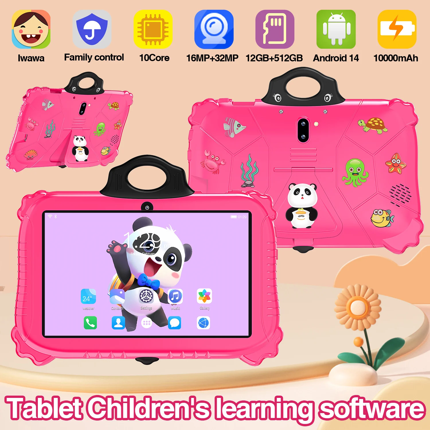 New Panda Android14 10.1-inch Kids Tablet HD Screen 12GB RAM 512GB ROM 10000mAh Bluetooth5.0 5G GPS WIFI Learning Game Tablet PC