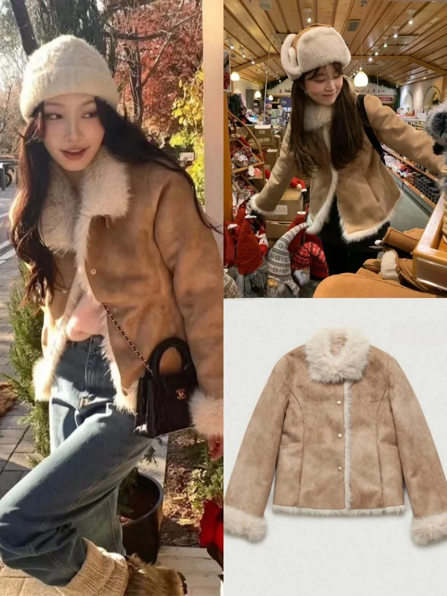 

Ba Ni Autumn Winter New Style Spliced Collar Warm Fur And Leather Integrated Coat Thickened Slim Fit Short Length Commute Style