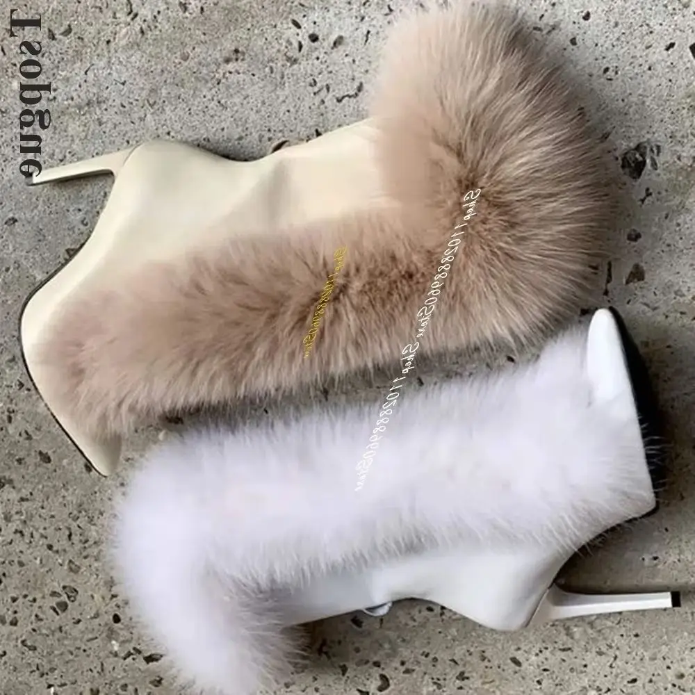 Mid Calf Solid Rabbit Fur Leather Ankle Boots Stilettos High Heel Women Shoes Lace Up Pointed Toe Casual Trending Women Boots