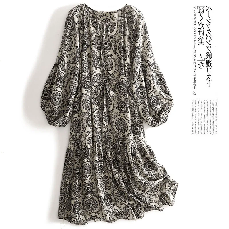 

Sweet Printed Lantern Sve Dr Large Size Women's Early Autumn round Ne Belted Waist Slim Long Skirt n Sle Cotton