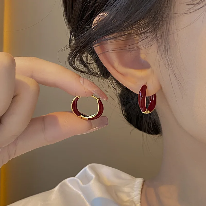 French Vintage Red Spot U-shaped Round Drping Oil Gold Plating Zircon Hoop Earrings for Women Temperament Charms Premium Jewelry image 4