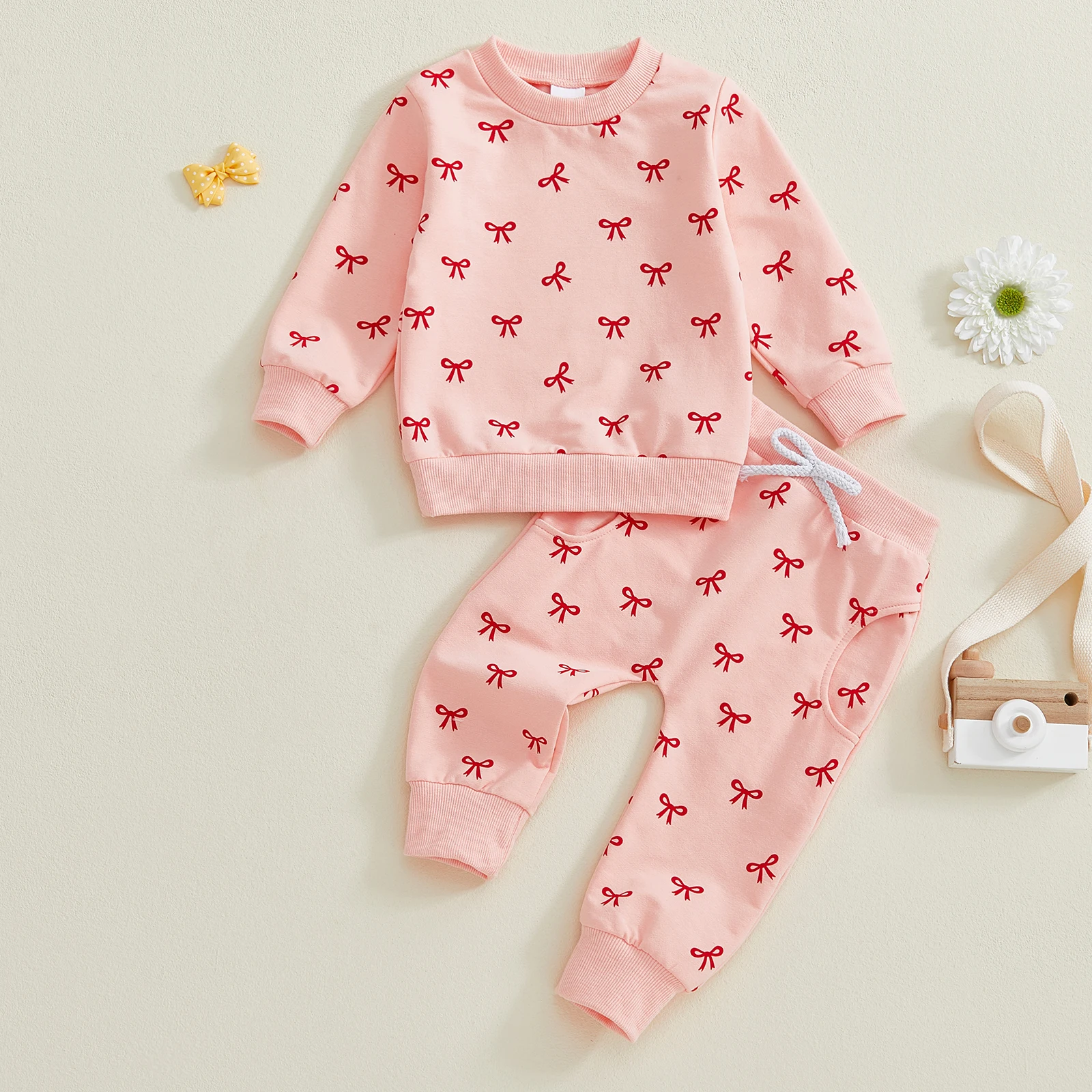 Lioraitiin طفل فتاة الخريف ملابس القوس طباعة طويلة الأكمام جولة الرقبة السترة + مرونة الخصر السراويل الطويلة 2PCS مجموعة