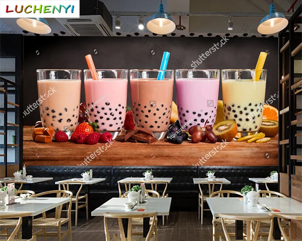 Custom colorful bubble tea mural wallpaper restaurant cold drinking shop kitchen dining room wall papers home decor sticker