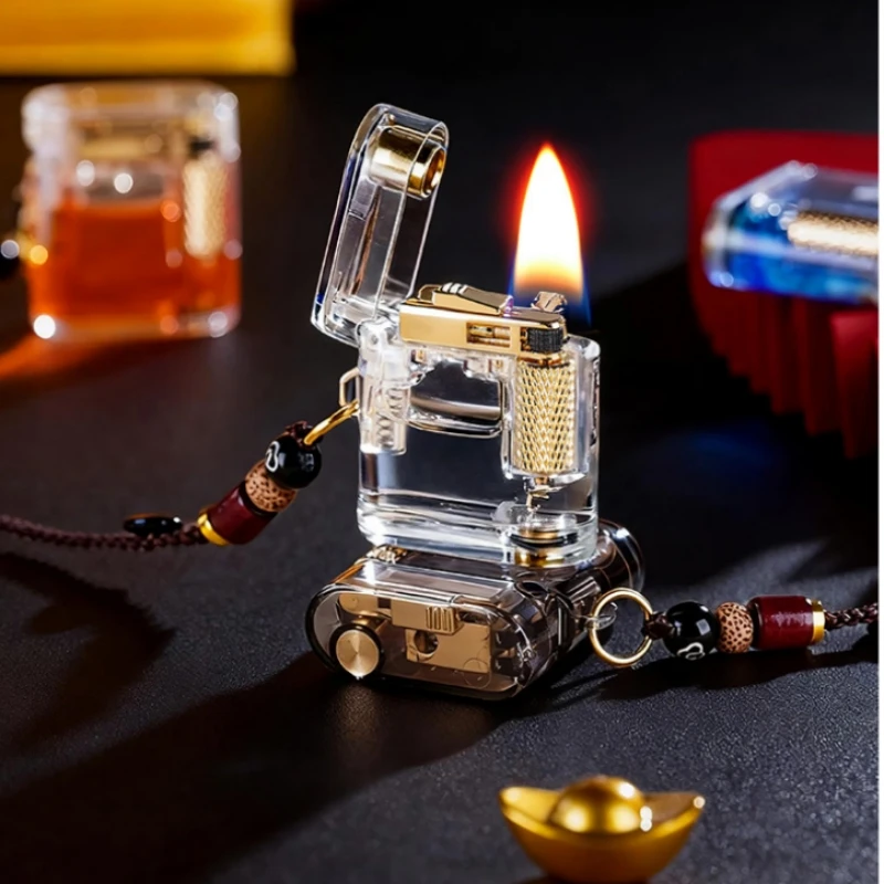 New Mini Transparent Visible Fuel Tank Pendant Lighter Side Sliding Grinding Wheel Outdoor Portable Pendant Lighter Gift
