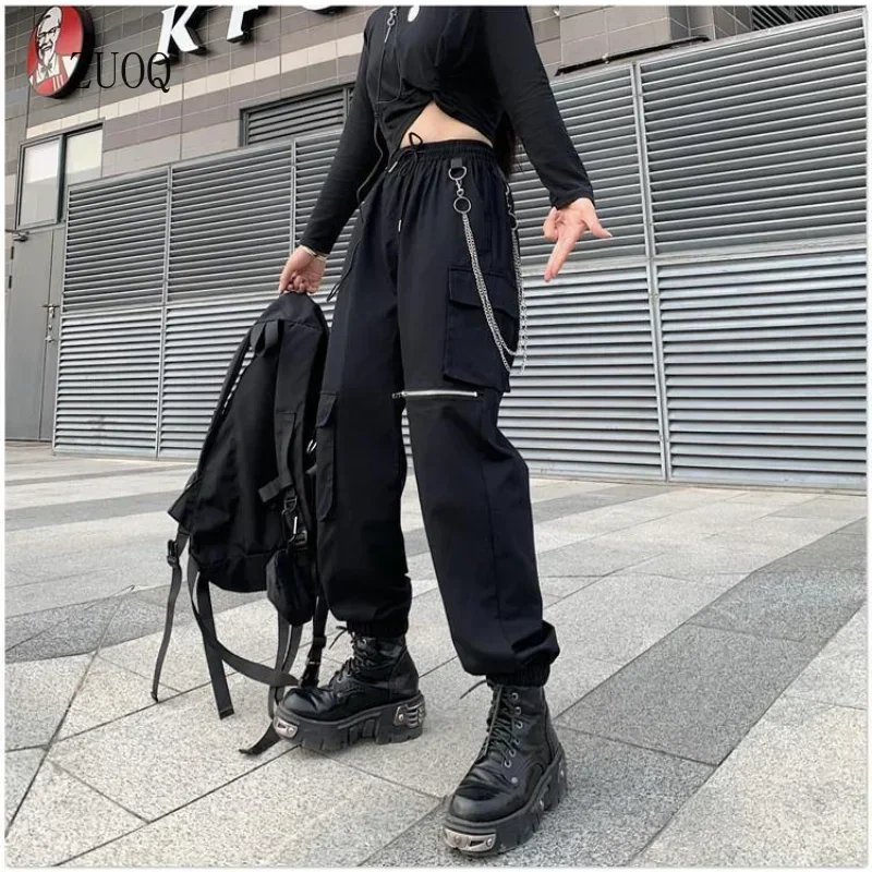 여성용 고딕 카고 팬츠, 펑크 체인, 고딕 하라주쿠, 블랙 바지, 한국 패션, 하이웨이스트 스웻팬츠, 2025 신상